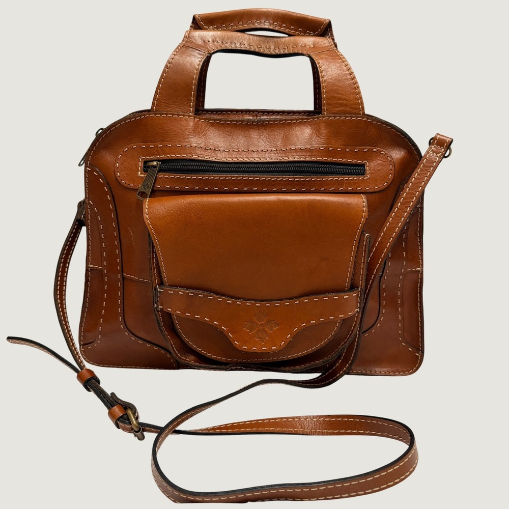 Patricia Nash Leather Satchel Distressed Geometric Brown Messenger Handbag